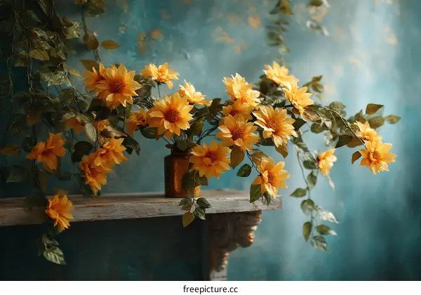 Rustic Sunflower Arrangement on Teal Background