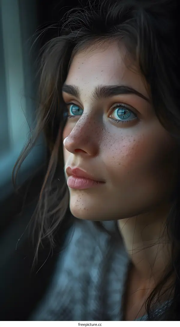 portrait of a beautiful young woman with freckles and blue eyes