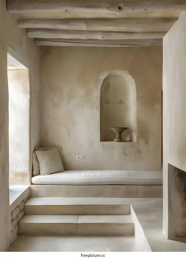 Minimalist Interior Design with Beige Tones and Wooden Beams