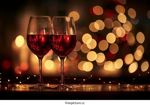 Two glasses of red wine with fairy lights in the background