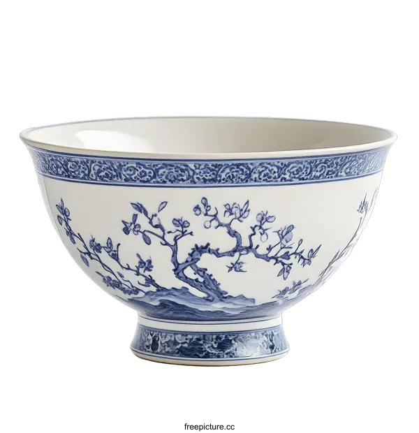 [Transparent Background PNG]Blue and White Porcelain Bowl with Floral Design