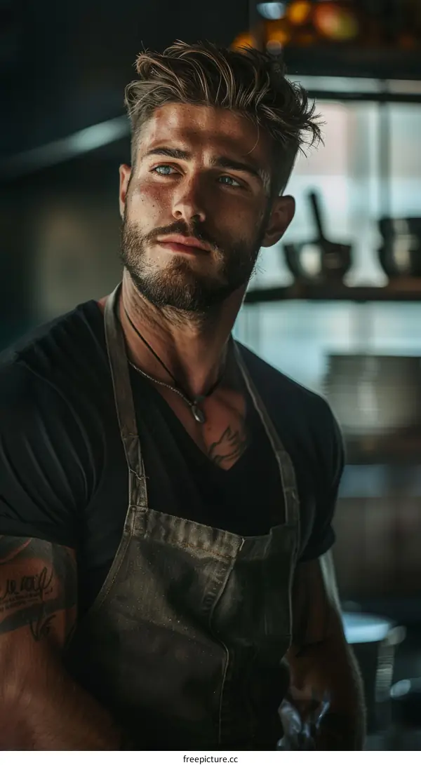 Portrait of a handsome young male chef in a black apron