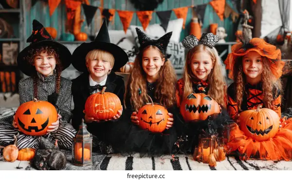 Four Children in Halloween Costumes with Pumpkins