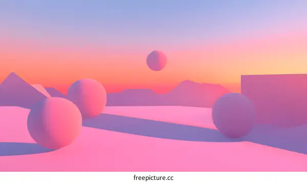 Abstract Pink Sunset Landscape with Floating Spheres