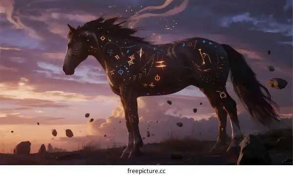 Mystical Horse with Glowing Runes Standing Against Dramatic Sky