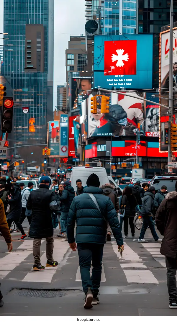 People Walking on Crosswalk in Front of Big Screen Buildings