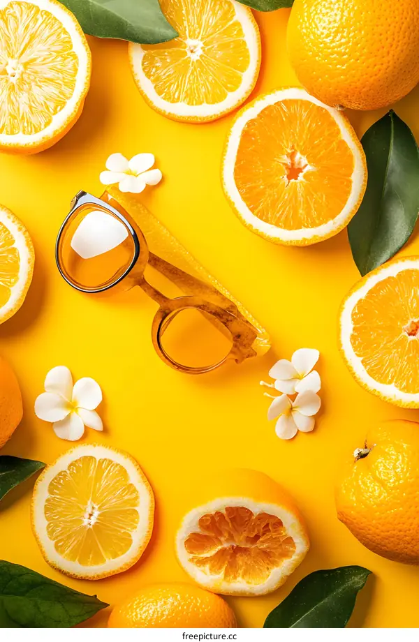 Summer Background with Oranges and Sunglasses