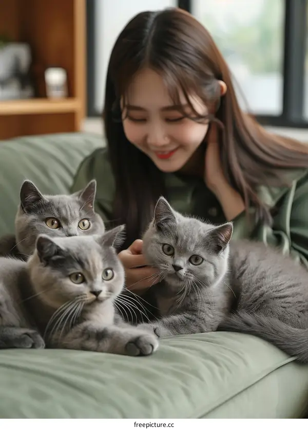 A young woman is sitting on a sofa with three British Shorthair cats.