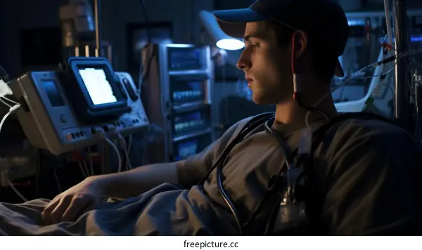 Young male patient in hospital bed wearing a baseball cap