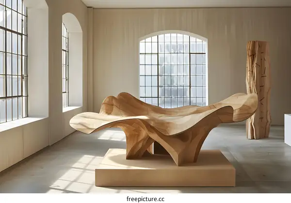 Wooden sculpture in a gallery