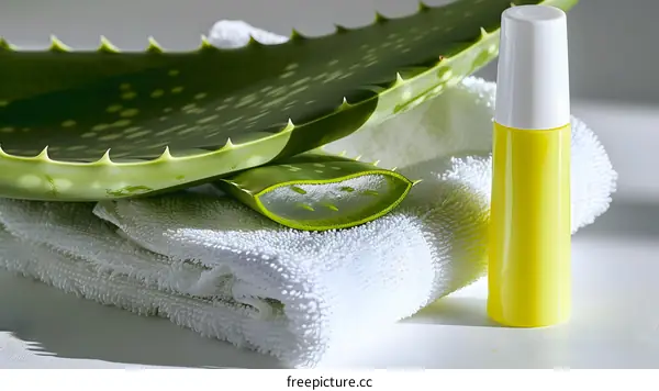 Aloe Vera Leaf With White Towel and Yellow Bottle