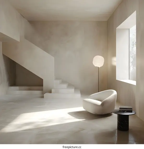 Minimalist Interior Design with White Armchair and Concrete Wall