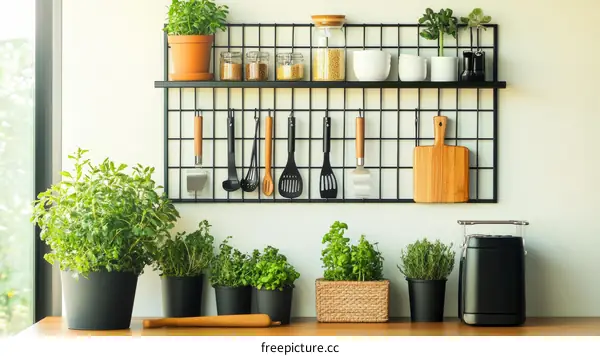Modern Kitchen Decor with Herbs and Utensils
