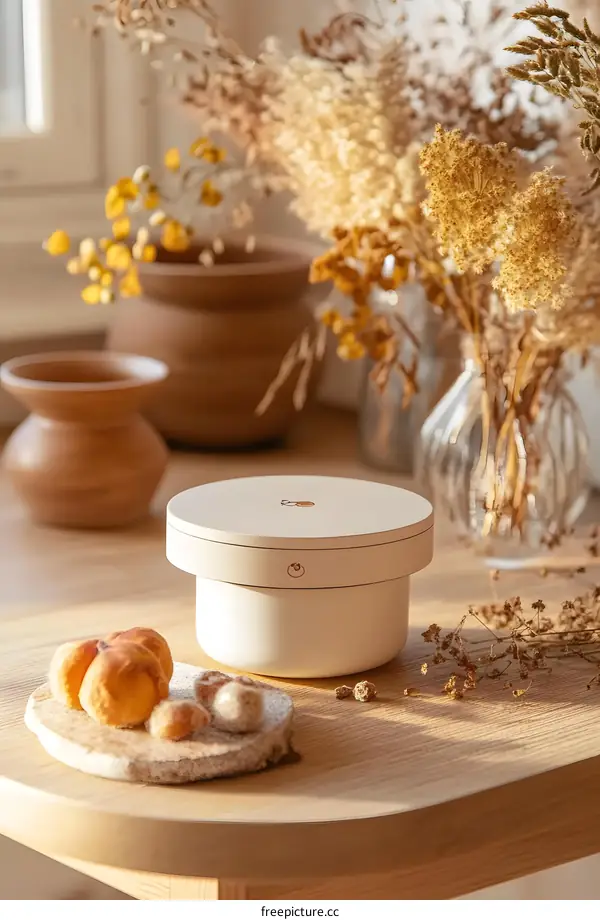 Minimalist White Round Object on Wooden Table with Dried Flowers