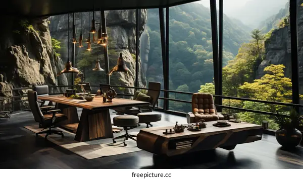 Modern office interior with large windows and a view of the mountains