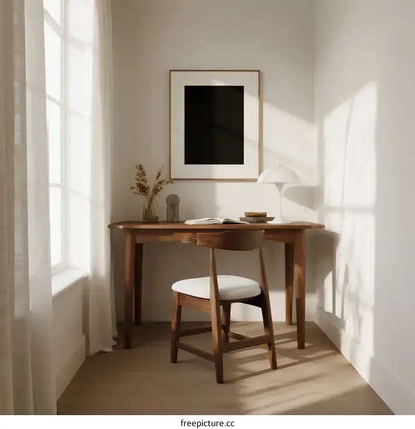 Cozy home office with wooden desk and minimalist decor