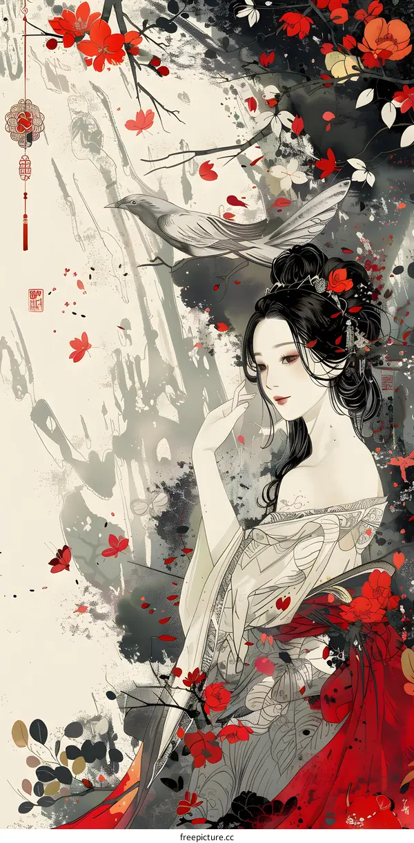 Woman in Traditional Japanese Clothing with Red Flowers and Bird