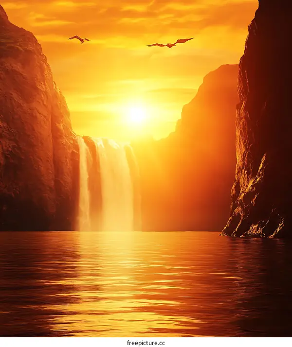 Golden Sunset Waterfall in Mountains