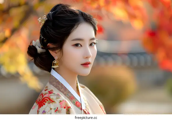 Korean Woman in Traditional Hanbok Dress with Autumn Leaves in Background