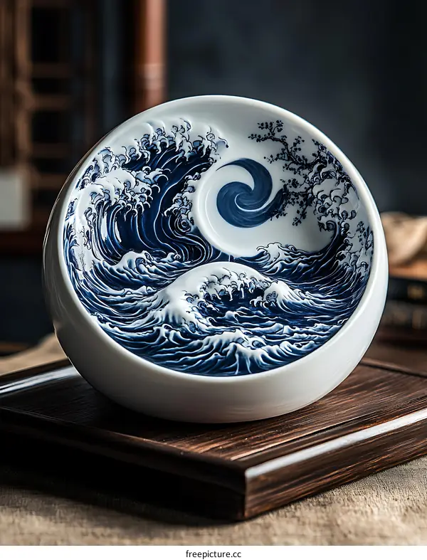 Ceramic Plate With Blue Wave Design