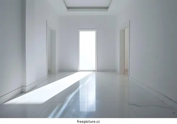 White Interior Hallway with Sunlight Shining Through Open Door