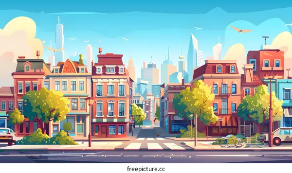 Cartoon Illustration of a City Street with Buildings and Trees
