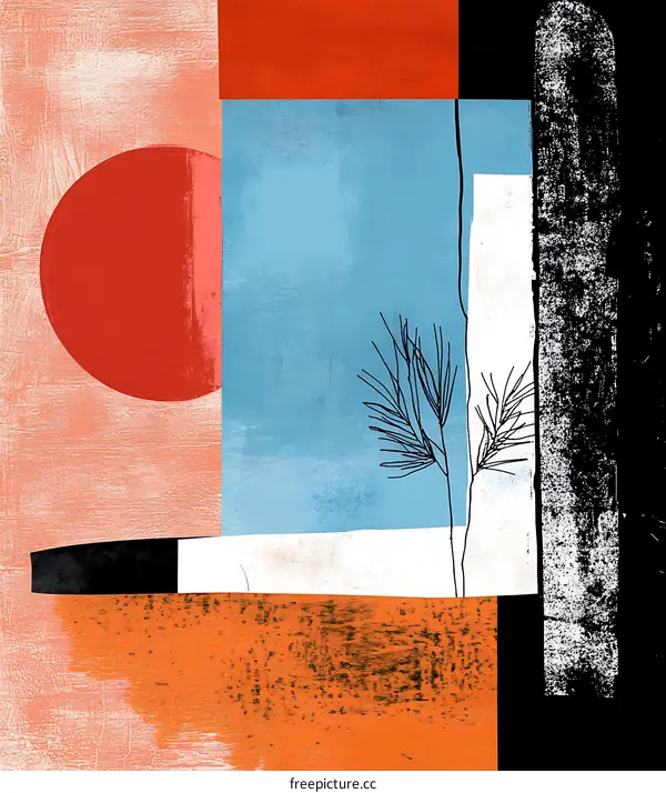 Abstract Geometric Artwork with a Red Circle, a Blue Background, and a Branch