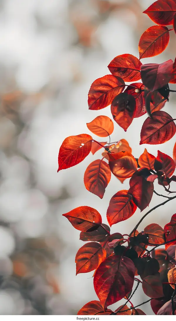 Close Up Of Red Autumn Leaves On A Branch