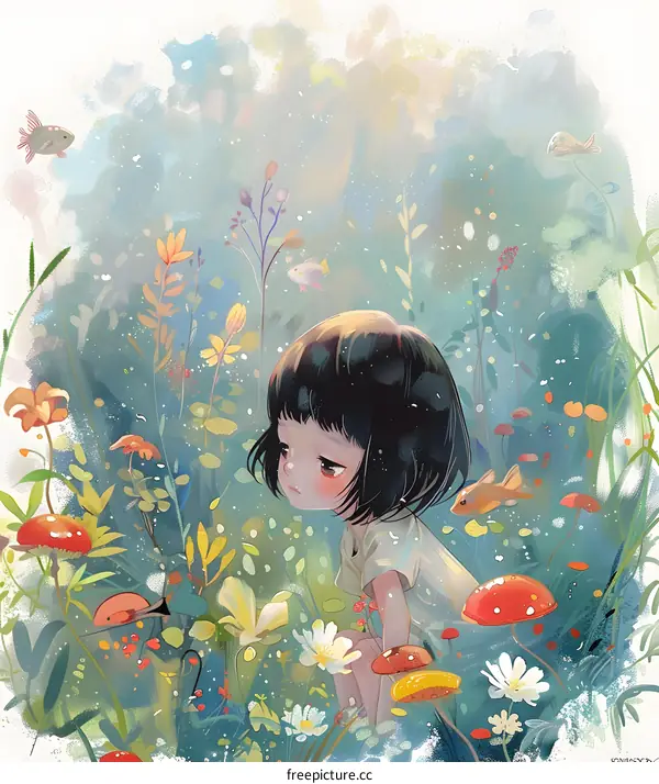 Girl Sitting in a Field of Flowers with Fish