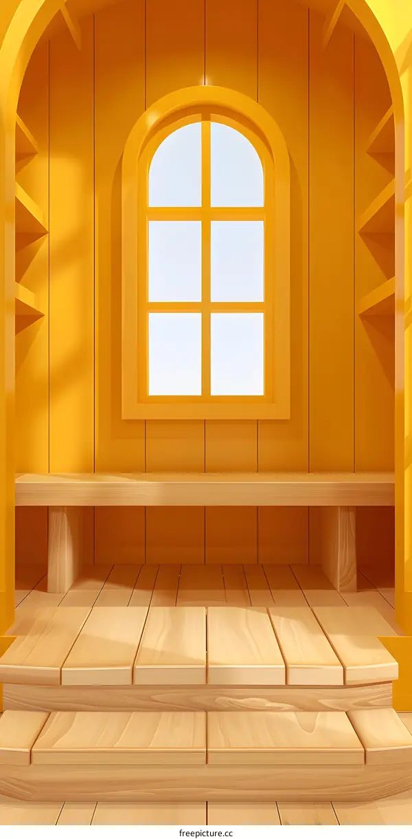 Yellow Wooden Room with Arched Window