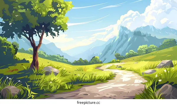 Summer Landscape Illustration with Mountains and a Winding Road