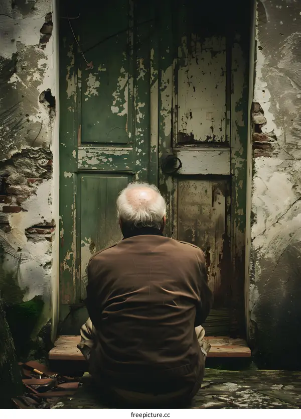 Old Man Sitting In Front Of A Weathered Door