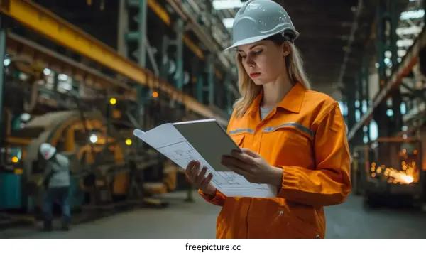 A female engineer wearing a hard hat and safety glasses reviews blueprints in a factory.