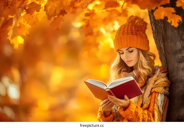 Woman Reading a Book in the Autumn Forest
