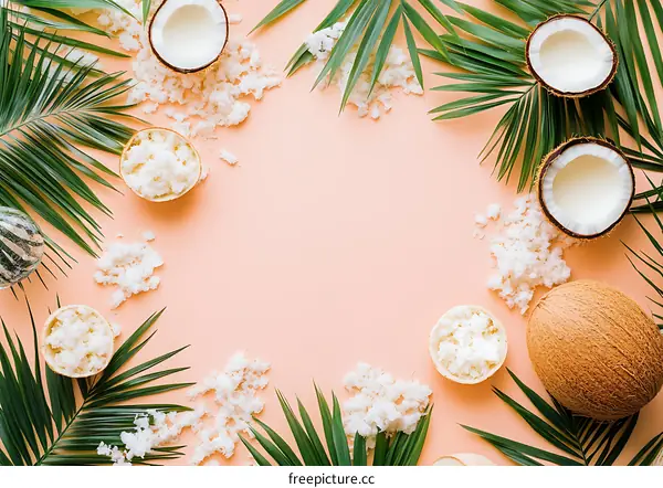 Summer Tropical Background with Coconut and Palm Leaves