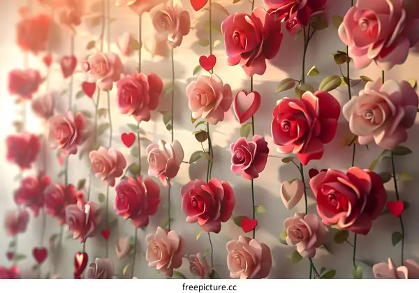 Pink and red roses hang on the wall