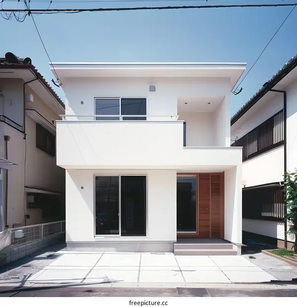 Modern Two Story White House with Wooden Door