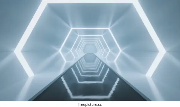 Futuristic geometric light tunnel with reflective floor and hexagonal shapes