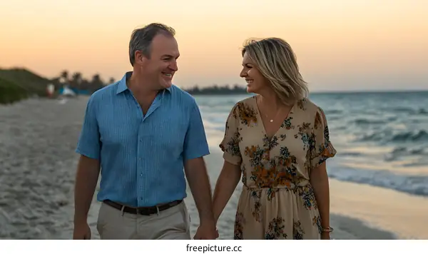 Couple Walking on the Beach at Sunset