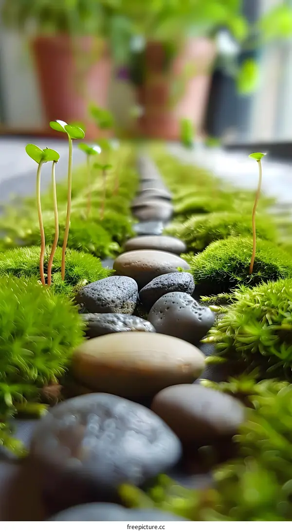 Close Up of Stepping Stones in Green Moss