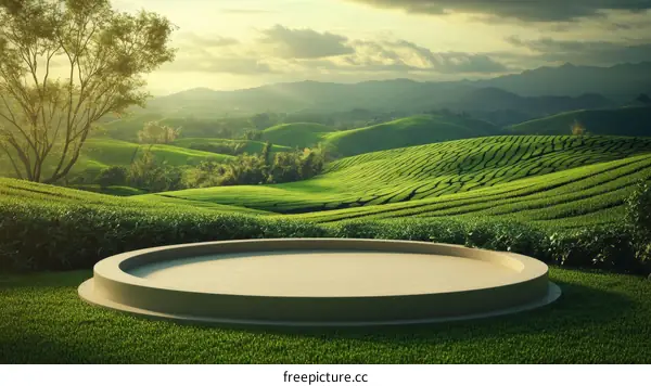 Empty Round Platform in Tea Plantation Landscape Illustration