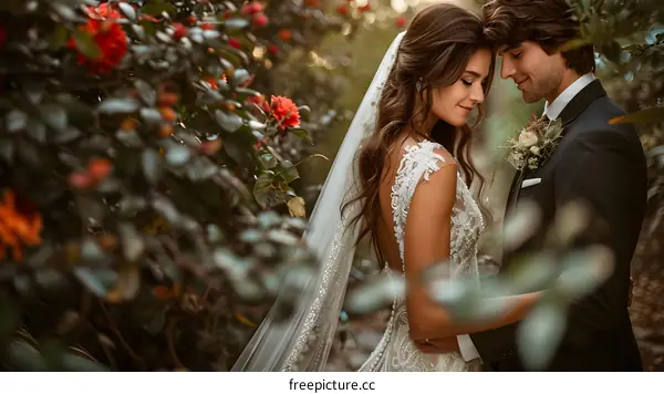 A beautiful bride and groom pose for a photo in a garden.