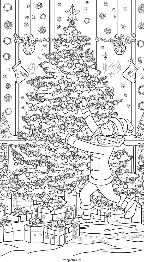 Girl Decorating Christmas Tree with Ornaments and Gifts