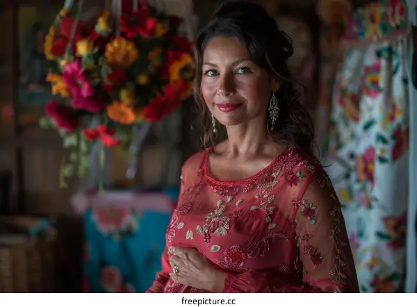 Portrait of a Pregnant Woman in a Floral Embroidered Dress