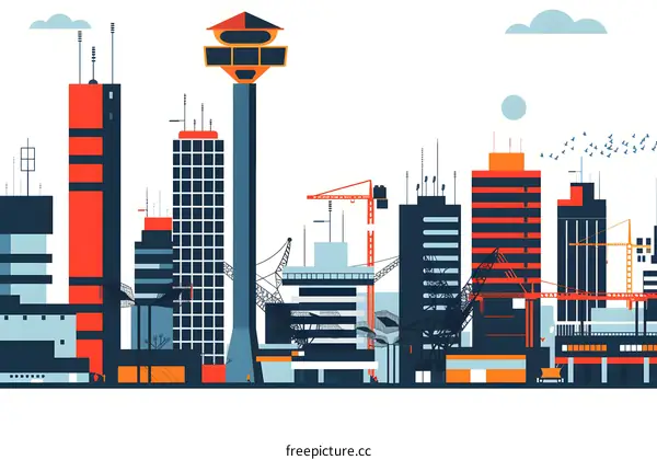 Modern City Skyline With Construction Cranes And Birds Flying