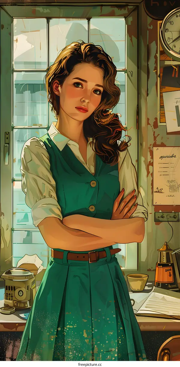 portrait of a girl in green dress standing in front of a window