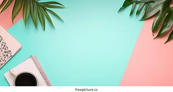 Tropical Minimalist Flat Lay Background with Green Leaves and Coffee Cup