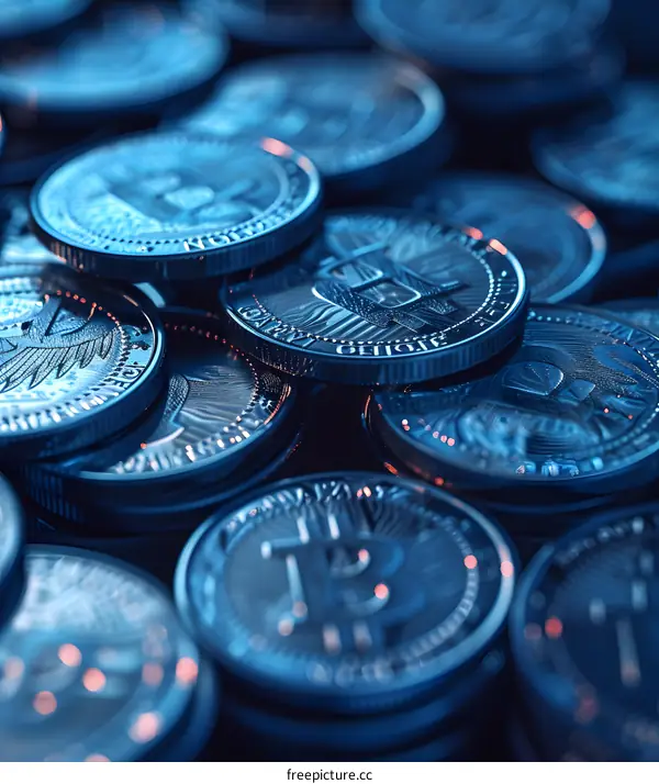 A pile of silver and blue Bitcoin cryptocurrency coins with a close up view