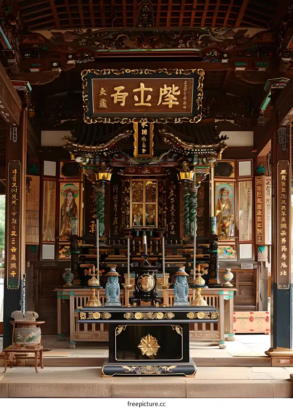 ornate buddhist altar with statues and calligraphy