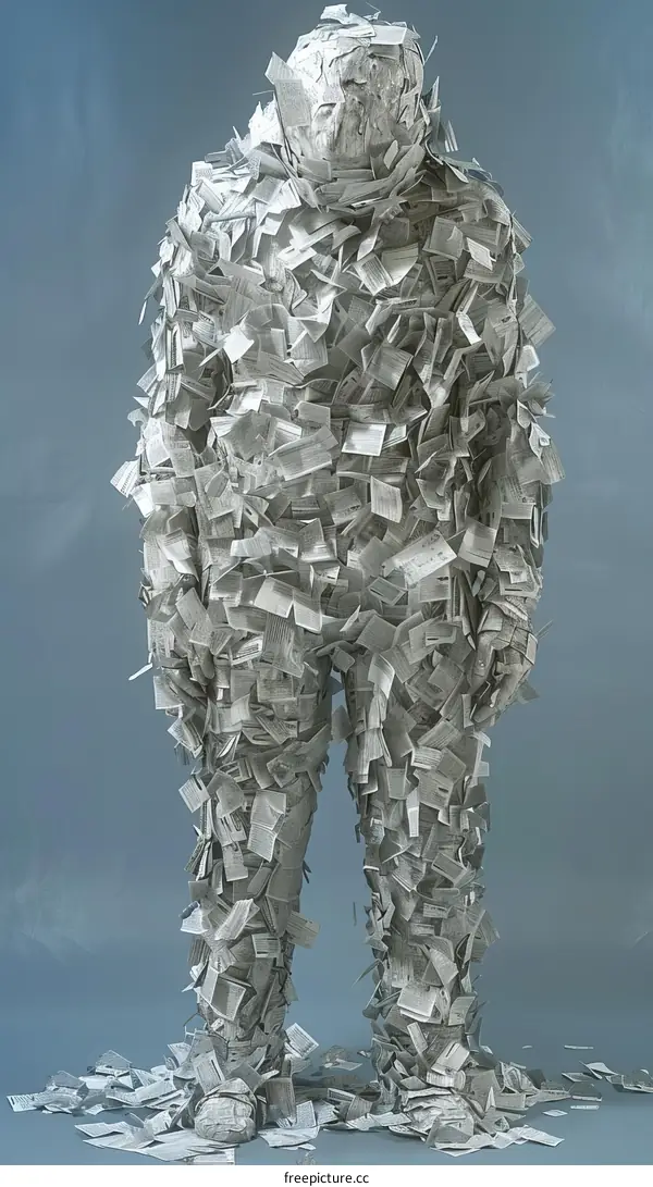A man covered in paper scraps